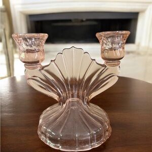 Vintage depression, glass double candle holder, peach luster